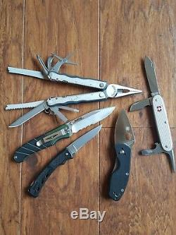 Knife Lot Swiss Army Knife, CRKT, Spyderco, Leatherman, Buck