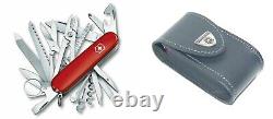 New Victorinox Swiss Army 91mm Knife SWISSCHAMP RED + DELUXE LEATHER POUCH
