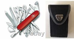 New Victorinox Swiss Army 91mm Knife SWISSCHAMP RED + DELUXE NYLON POUCH 1.6795