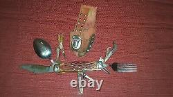 Rare Vintage 5 Japanese Swiss Army Style Type Knife, Fork, & Spoon with Horn Trim