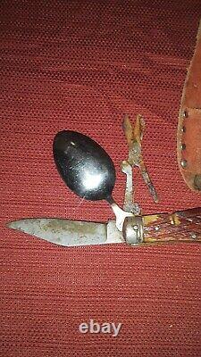 Rare Vintage 5 Japanese Swiss Army Style Type Knife, Fork, & Spoon with Horn Trim