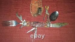 Rare Vintage 5 Japanese Swiss Army Style Type Knife, Fork, & Spoon with Horn Trim