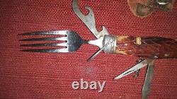 Rare Vintage 5 Japanese Swiss Army Style Type Knife, Fork, & Spoon with Horn Trim