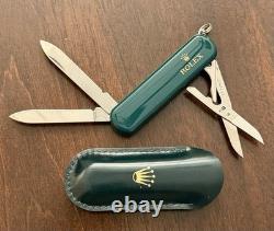 Rolex Wenger Swiss Army Green Pocket Multi-Tool Knife With Leather Sheath-Great