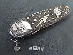 Sterling Silver 18k Gold Swiss Army Folding Knife. Lg. Victorinox SPACE. Gems