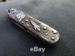 Sterling Silver. 18k Gold Swiss army Folding pocket Knife. Handmade SPACE Ruby