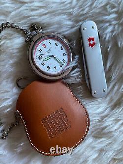 Swiss Army Stainless Steel Pocket Watch with Chain & Leather Pouch/ Pocket Knife