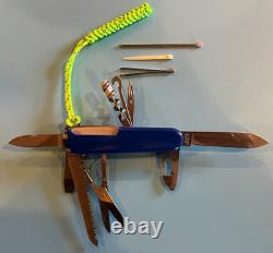 Victorinox Swiss Army Knife Cobalt Blue Plus scales, lime green lanyard, acc