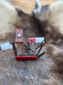 Victorinox Swiss Handyman Knife Red Handles & Brown Leather Sheath Mint In Box