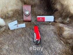 Victorinox Swiss Handyman Knife Red Handles & Brown Leather Sheath Mint In Box