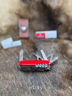 Victorinox Swiss Handyman Knife Red Handles & Brown Leather Sheath Mint In Box